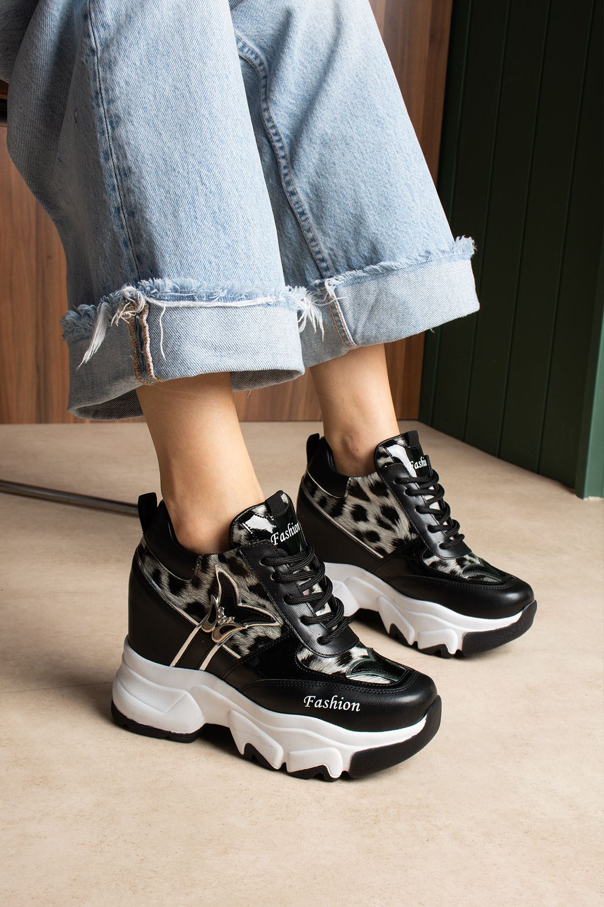 BETİS SİYAH LEOPAR GİZLİ TOPUKLU SPOR