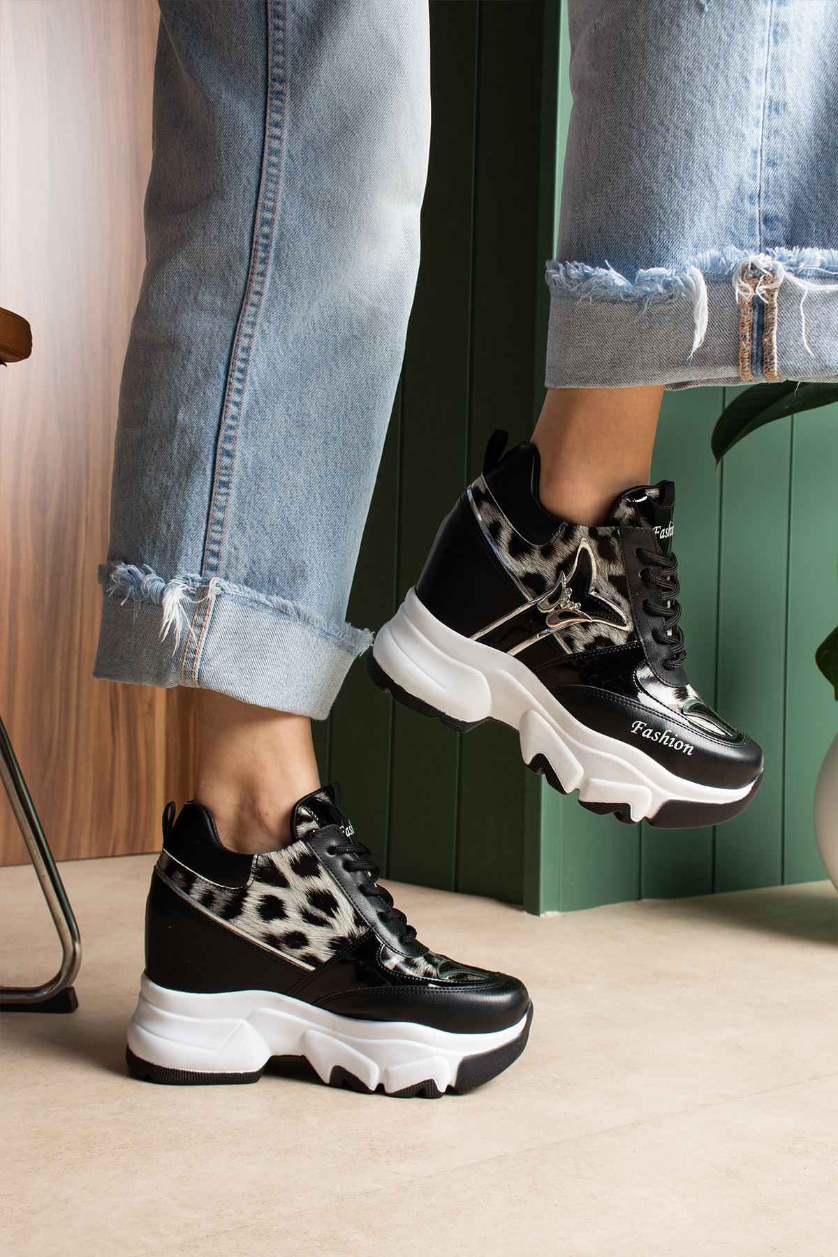 BETİS SİYAH LEOPAR GİZLİ TOPUKLU SPOR