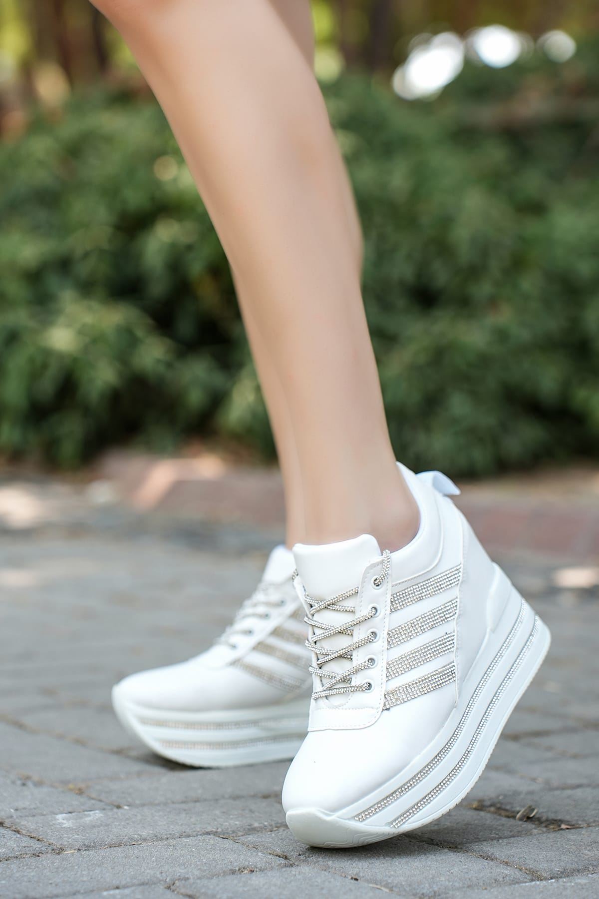 Lina Gizli Topuk Beyaz Taşlı Kadın Spor Ayakkabı