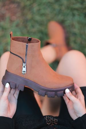 Slm-102 Fermuar Detaylı Taba Süet Kadın Bot 