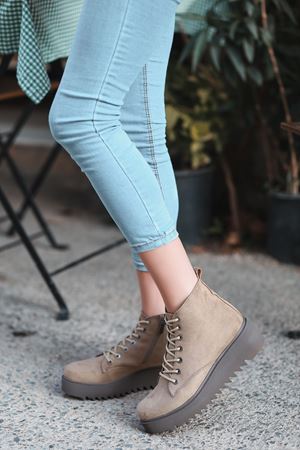 Slm-101 Bağcıklı yandan fermuarlı Vizon Süet bayan Bot