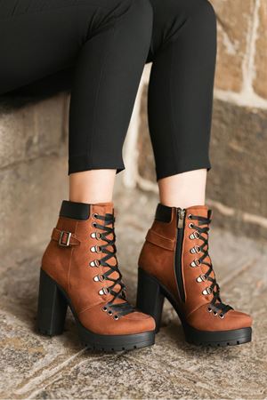 Kcl-1001 Platform Taba Süet Bagcık Detaylı Yandan Fermuarlı Kadın Bot