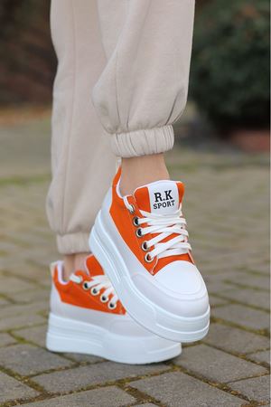FRM-018 Yüksek Tabanlı Bağcıklı Turuncu Keten Spor Ayakkabı