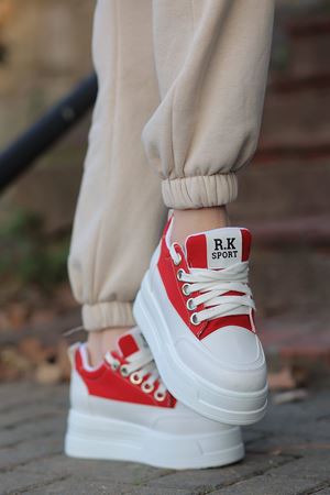 FRM-018 Yüksek Tabanlı Bağcıklı Kırmızı Keten Spor Ayakkabı