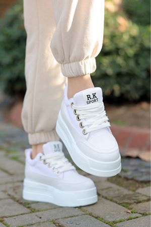 FRM-018 Yüksek Tabanlı Bağcıklı Beyaz Keten Spor Ayakkabı