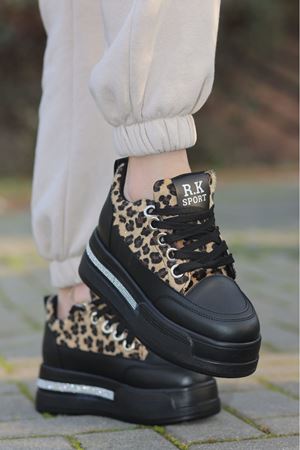 FRM-018 Yüksek Tabanlı Bağcıklı Siyah Leopar Spor Ayakkabı
