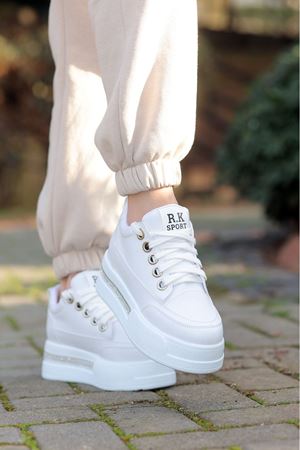 FRM-018 Yüksek Tabanlı Bağcıklı Beyaz Cilt Spor Ayakkabı 