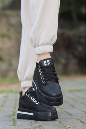 FRM-018 Yüksek Tabanlı Bağcıklı Siyah Cilt Spor Ayakkabı 