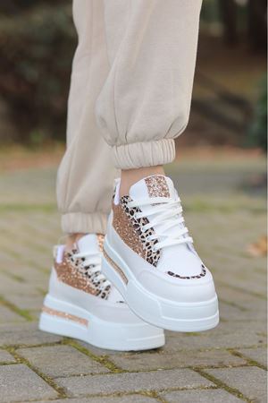 FRM-018 Yüksek Tabanlı Bağcıklı Rose Desenli Spor Ayakkabı