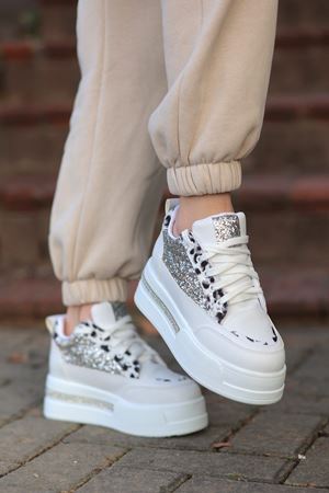 FRM-018 Yüksek Tabanlı Bağcıklı Gümüş Desenli Spor Ayakkabı