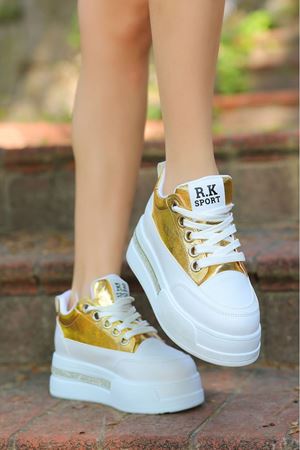 FRM-018 Yüksek Tabanlı Bağcıklı Sarı Keten Spor Ayakkabı