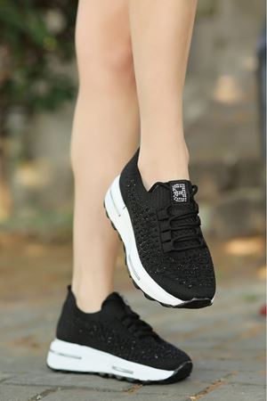 Siesta Siyah Beyaz Taş Detaylı Triko Spor Ayakkabı