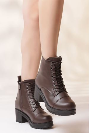 Linda-101 Bağcıklı Yandan Fermuarlı Kahve Deri Kadın Bot