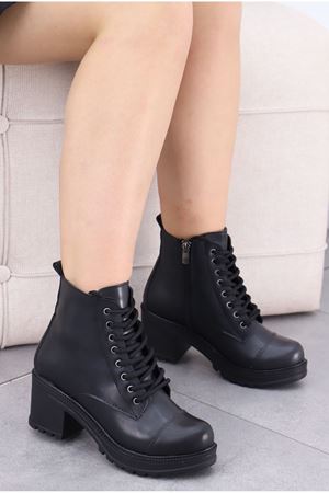 Linda-101 Bağcıklı Yandan Fermuarlı Siyah Deri Kadın Bot