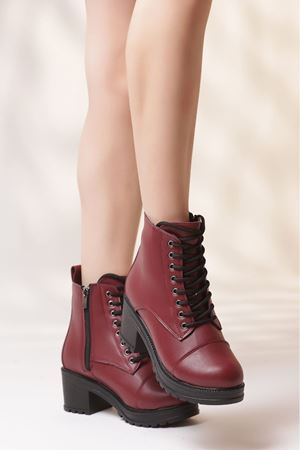 Linda-101 Bağcıklı Yandan Fermuarlı Bordo Deri Kadın Bot